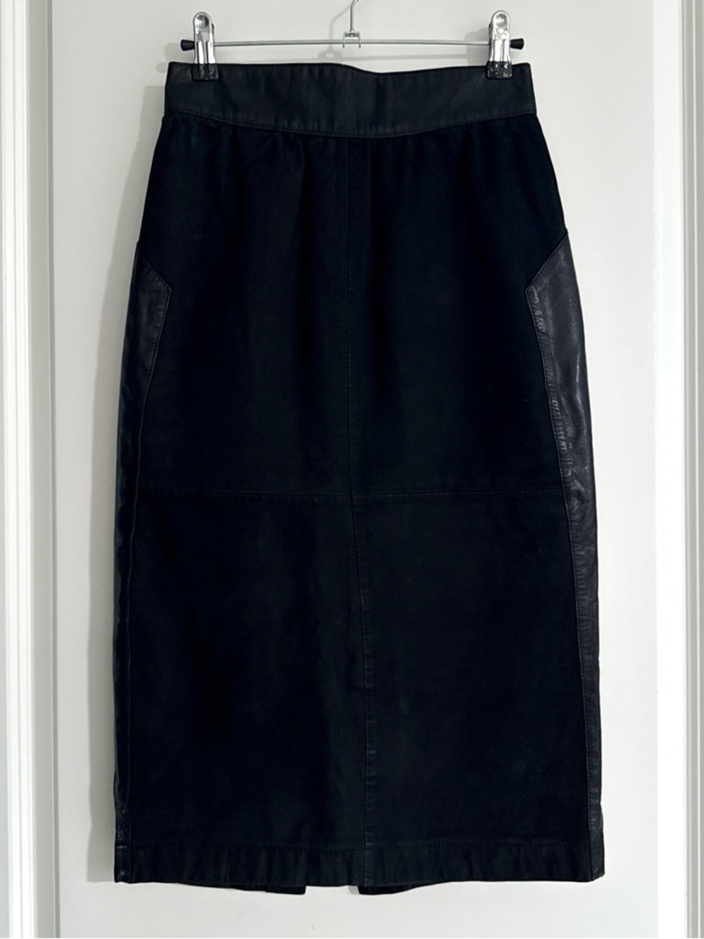 Vintage Leather Suede Pencil Skirt Midi Black Panel High Waist XS 2